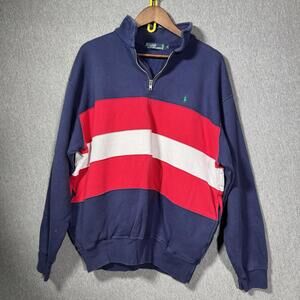 VINTAGE POLO RALPH LAUREN RED WHITE BLUE 1/4 ZIP SWEATSHIRT 1990S SIZE L Pockets